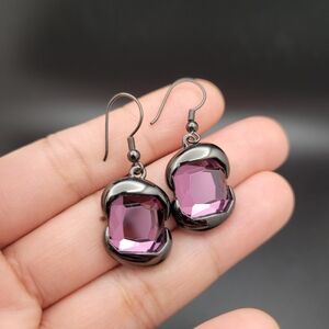 Gunmetal Drop Earrings with Purple Faceted Crystals